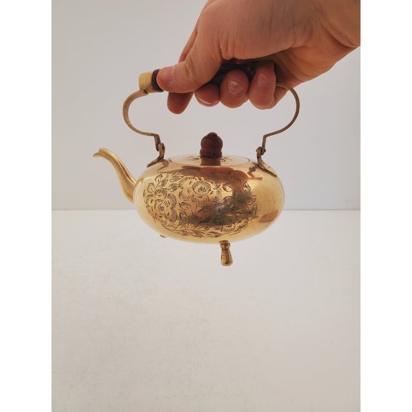 Vintage Brass Decorative Teapot Wooden Handle - Picture 3 of 10
